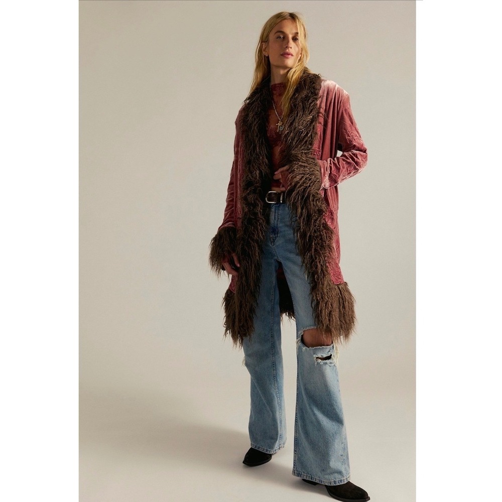 Free People Penny Lane Moon Glow Velvet Coat ALMOST FAMOUS Pink Brown NWT